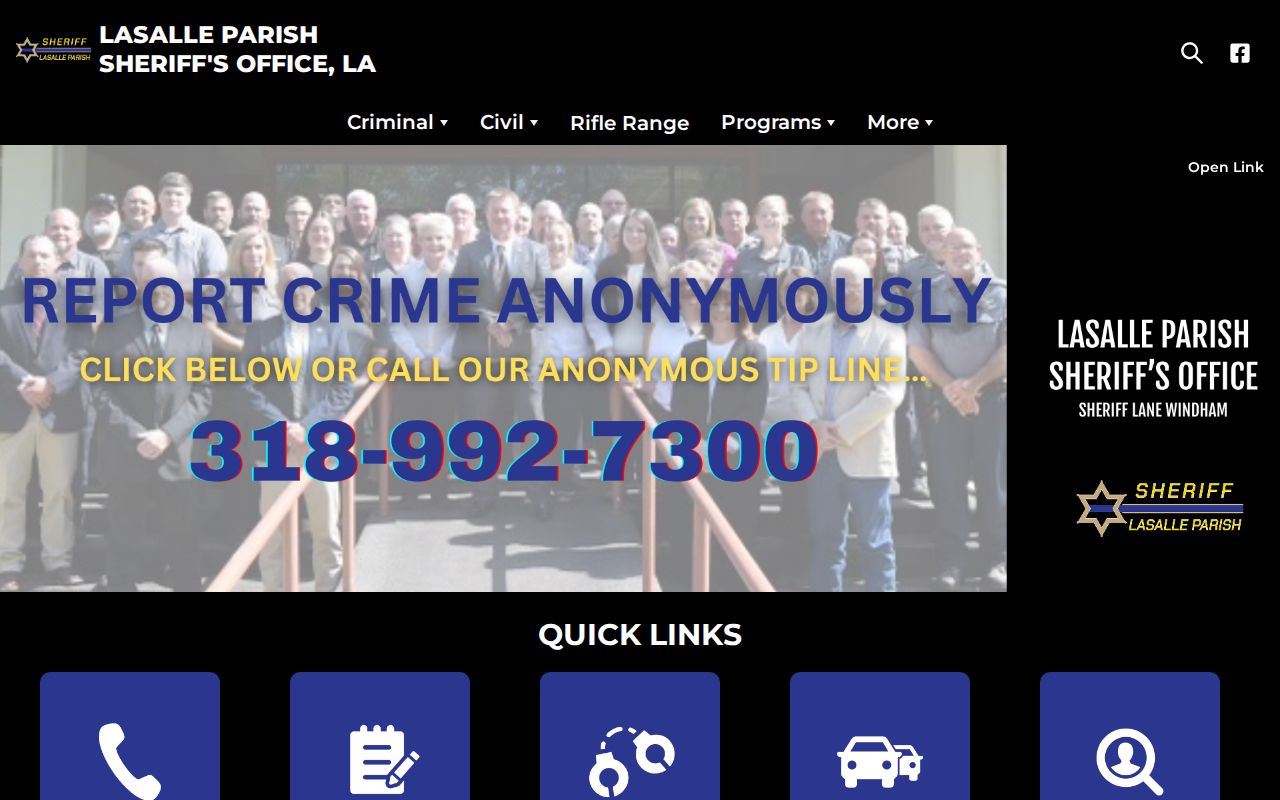 LaSalle Parish Sheriff's Office homepage with Sheriff Lane Windham and official service links