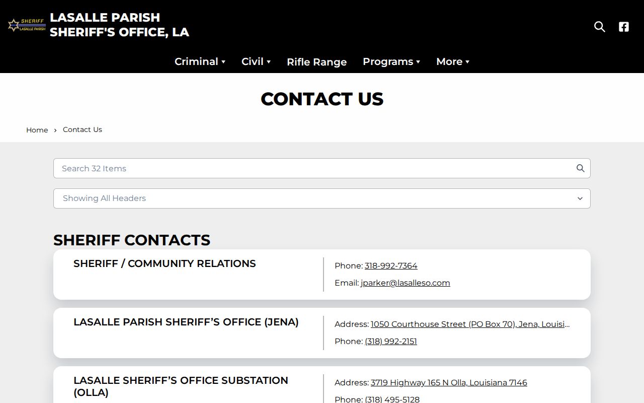 LaSalle Parish Sheriff contact directory for jail and records requests