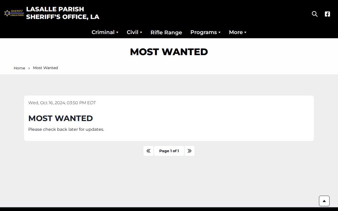 LaSalle Parish Sheriff official Most Wanted page in an empty placeholder state