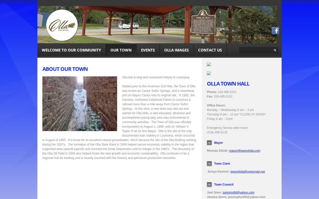 Official Town of Olla page listing police telephone and chief