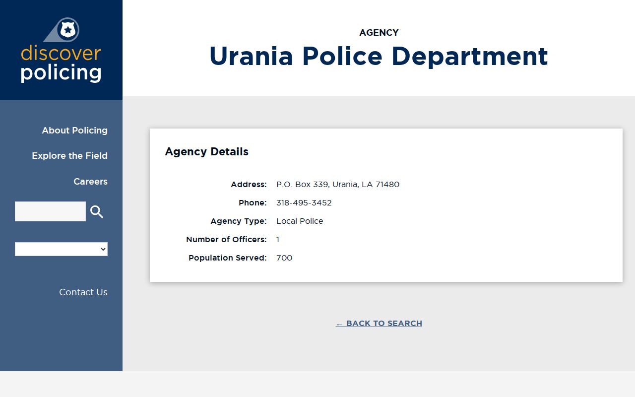Nonofficial Discover Policing listing for Urania Police Department