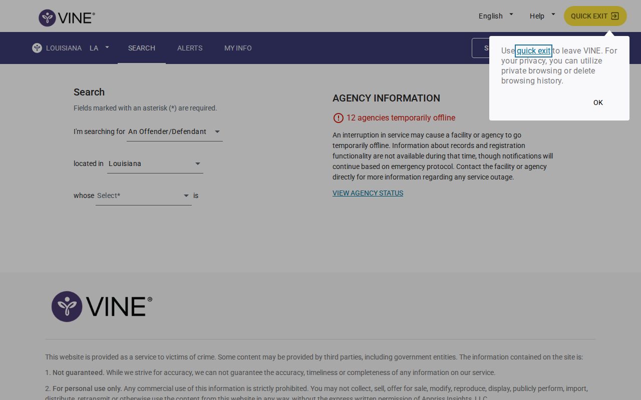 Louisiana VINELink person search screen for custody records