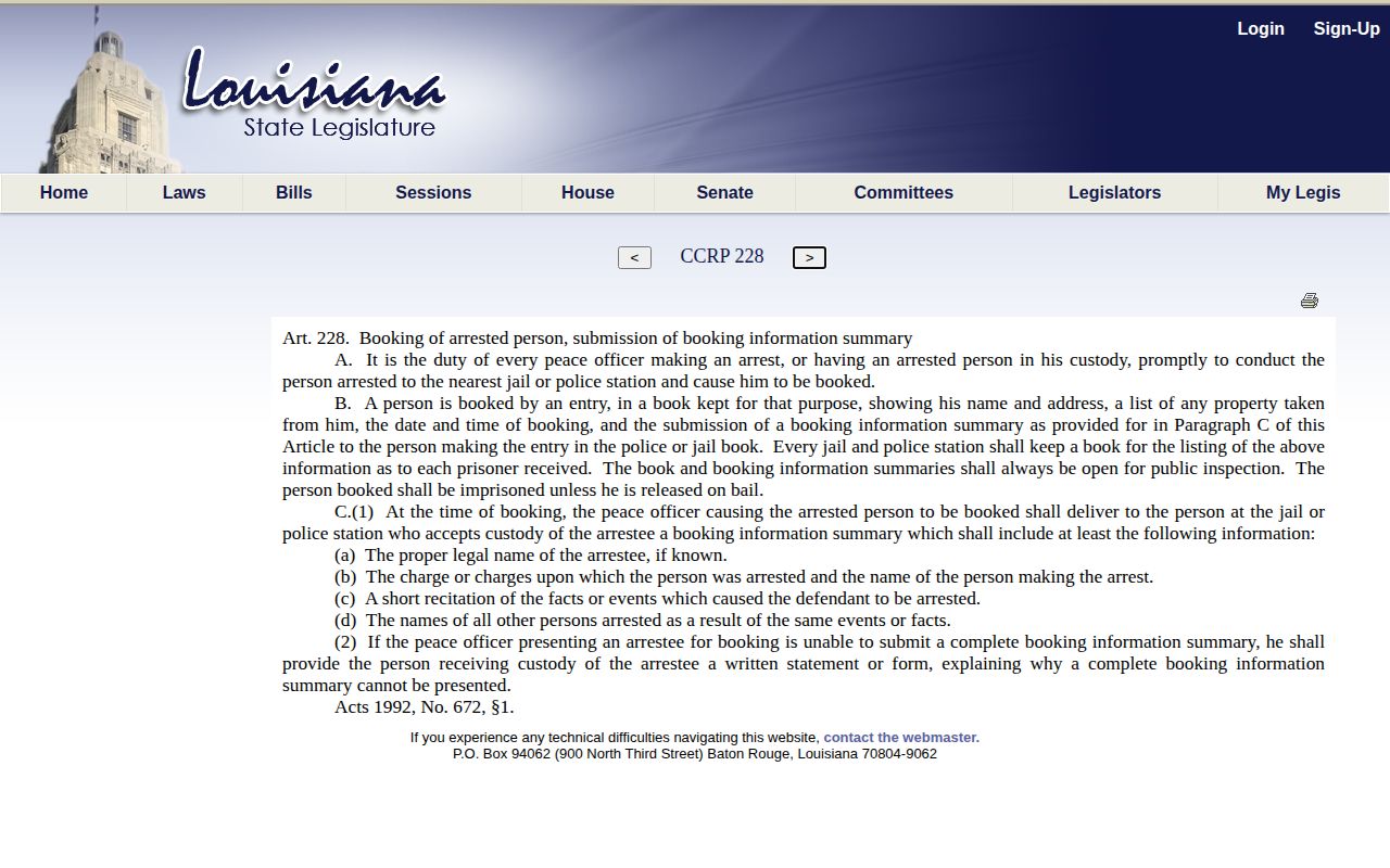 Louisiana article 228 official booking information law